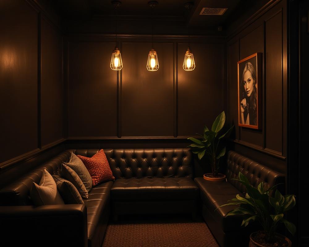 Cosy leather seating nook with pendant lights