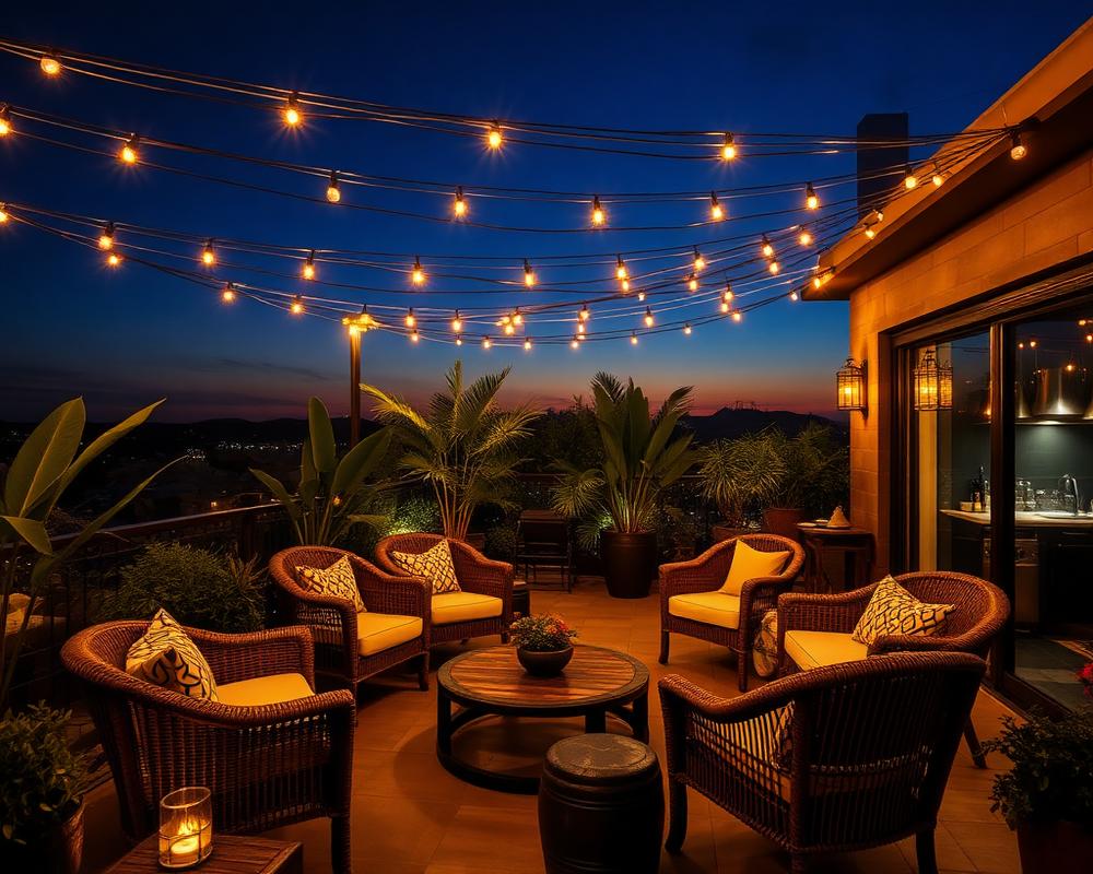 Club terrace at dusk with string lights