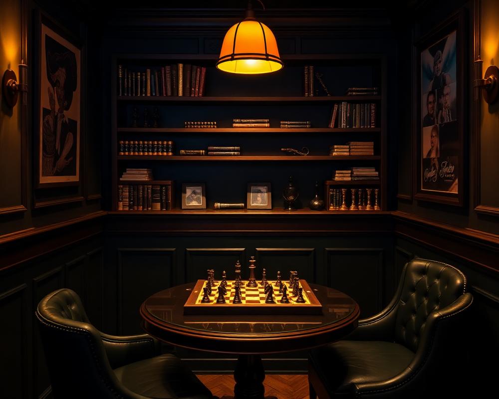 Games corner with chess set and bookshelf