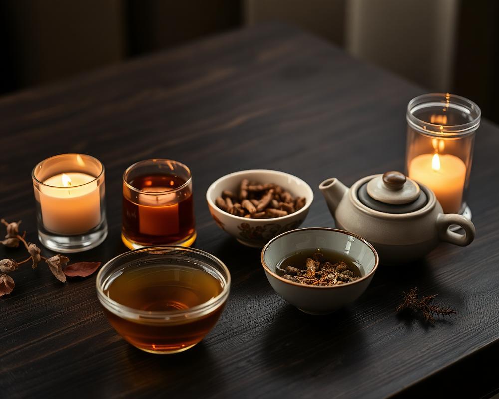 Teas, snacks and candles on a dark wooden table