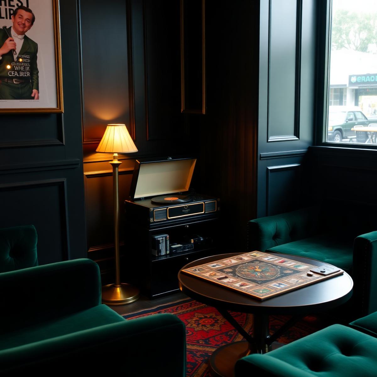 Lounge corner with velvet armchairs, board games and a record player